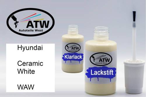 Hyundai, Ceramic White, WAW: 20ml Lackstift + 20ml Klarlack - Set, von ATW Autoteile West.